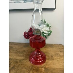 Vintage Ruby Flash Glass Oil Lamp Eagle Burner Embossed Swirl Base Holiday Decor